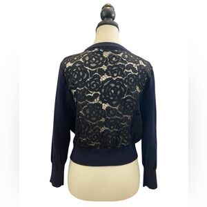 Karl Lagerfeld Navy Blue Short Cardigan with Pearl Buttons & black lace on back